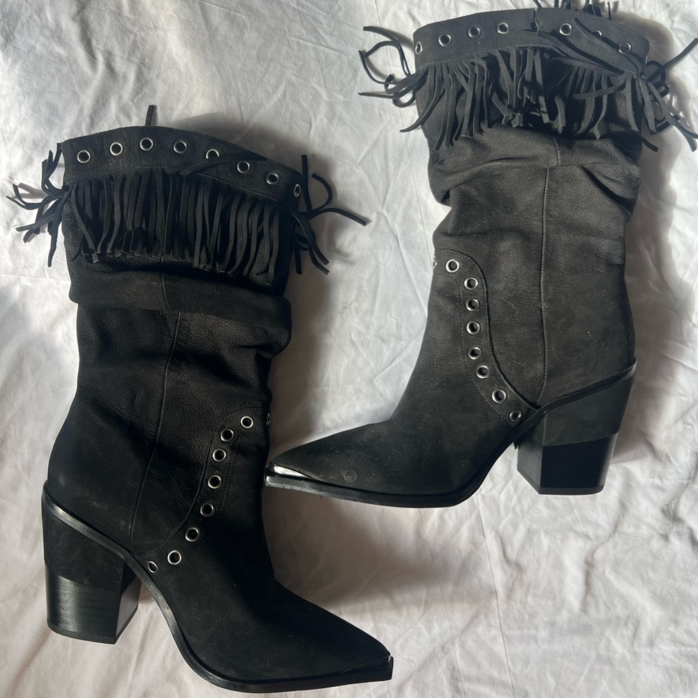 Kenneth Cole Black genuine suede leather Cowboy boots, with fun fringe
